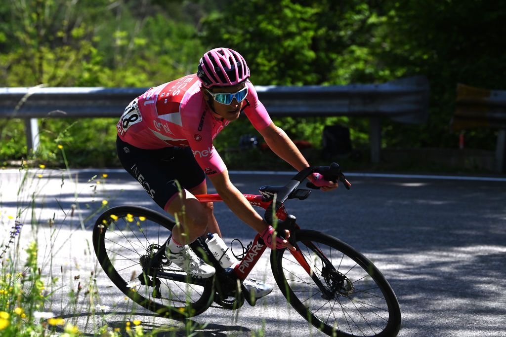 VAL DI ZOLDO PALAFAVERA ITALY MAY 25 Geraint Thomas of The United Kingdom and Team INEOS Grenadiers Pink Leader Jersey competes during the 106th Giro dItalia 2023 Stage 18 a 161km stage from Oderzo to Val di Zoldo Palafavera 1514m UCIWT on May 25 2023 in Val di Zoldo Palafavera Italy Photo by Tim de WaeleGetty Images