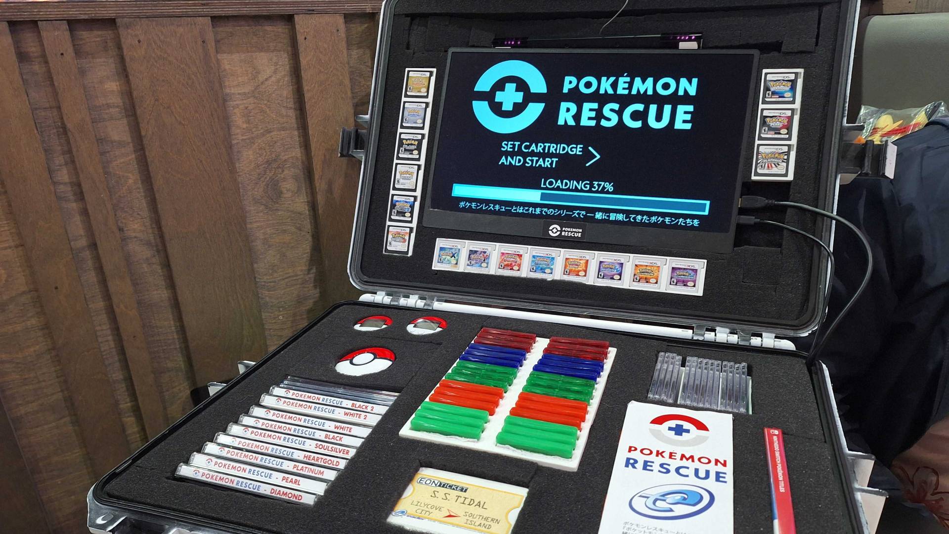 Photo of the Pokemon Rescue team's case of Pokemon games at the Pokemon Europe International Championships 2026.