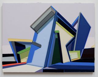 Architectural art painting by Tommy Fitzpatrick, angle shapes merged together, Multicolours on a pale grey background