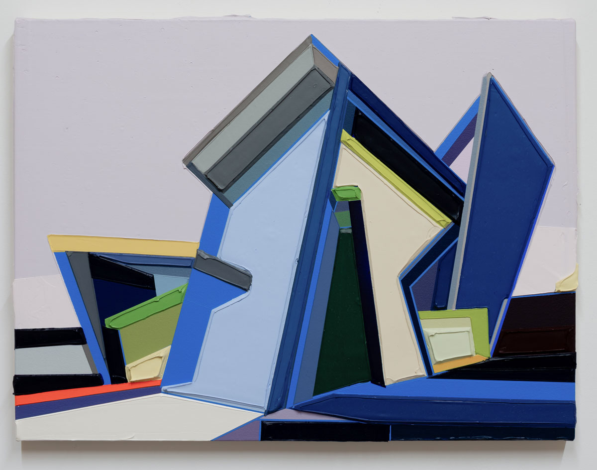 Architectural art painting by Tommy Fitzpatrick, angle shapes merged together, Multicolours on a pale grey background