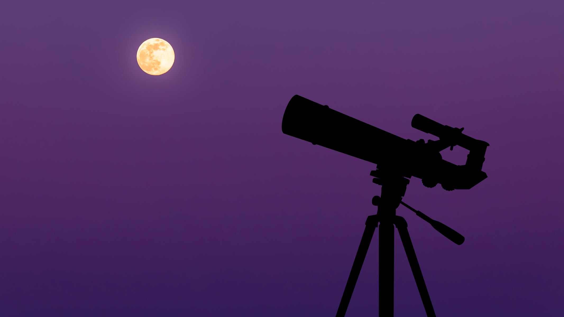 A telescope silhouetted against a purple sky with the moon in the background.