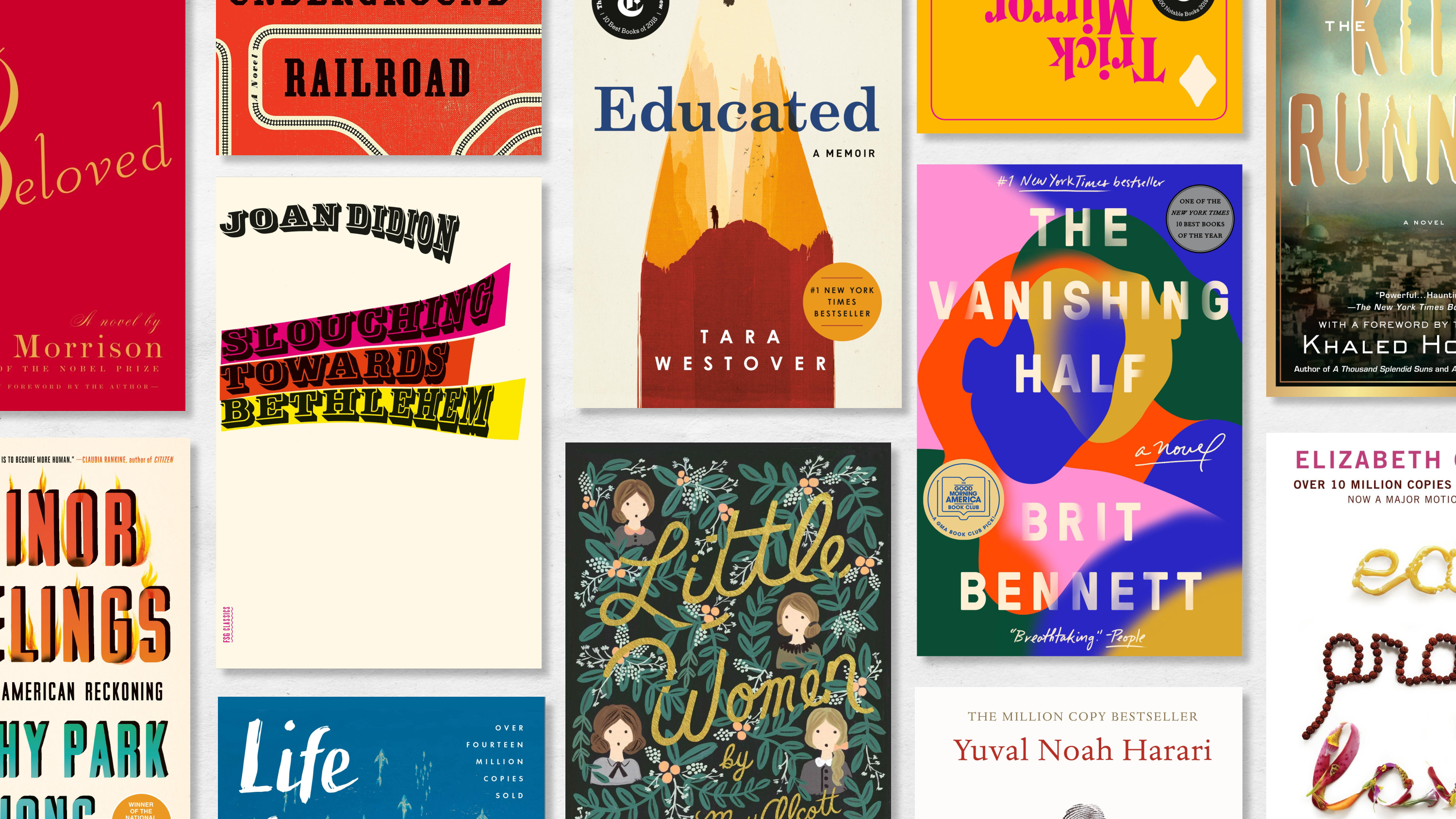 a collage of book covers including little women the vanishing half educated and more