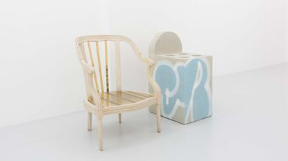 Fashion to Furniture exhibition 2023, featuring two chairs by Rei Kawakubo and Virgil Abloh (right)