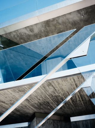 close up of glass and concrete facade at the Goldstein Entertainment Complex at the sheats-goldstein residence
