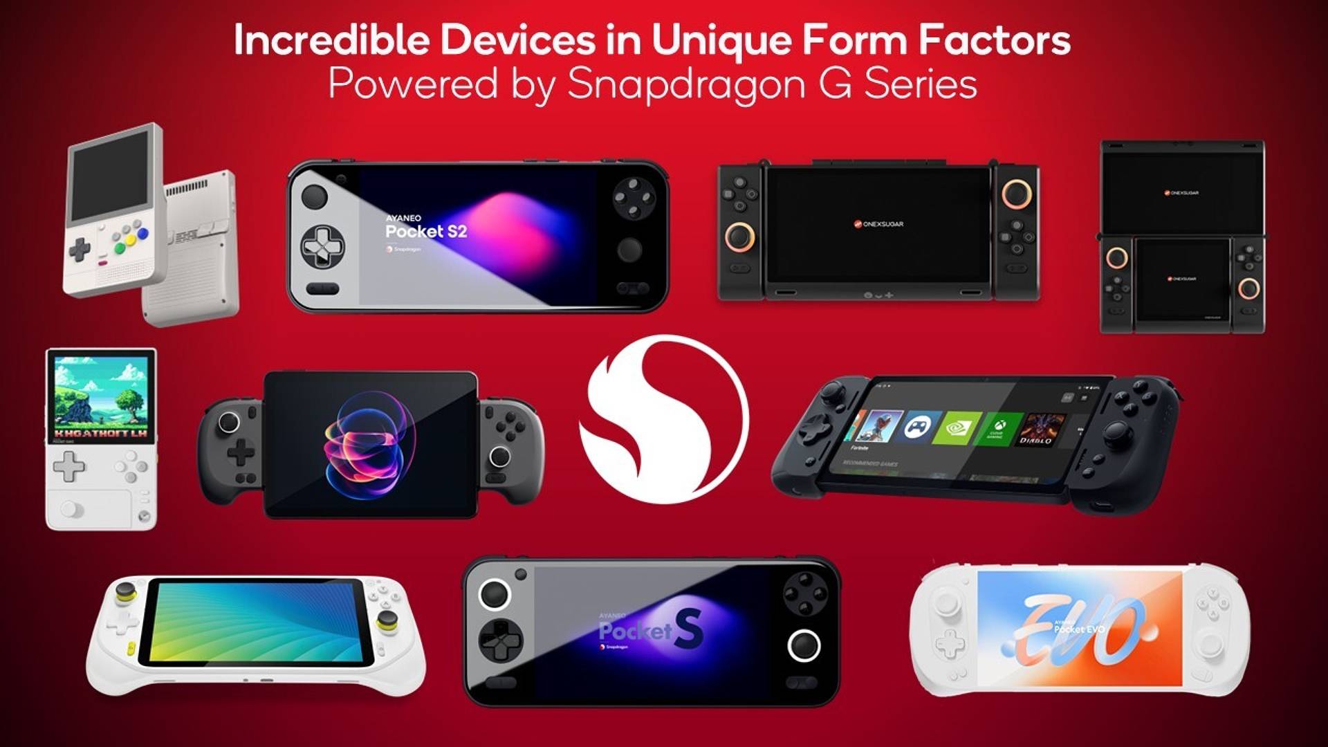 Qualcomm promotional image for Snapdragon G Series featuring several handhelds by Retroid, OneXPlayer, Ayaneo, Razer, and Logitech.