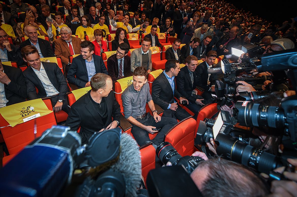 The cameras zoom in on Chris Froome and Adam Yates