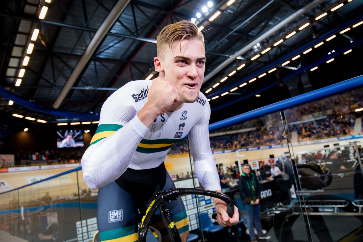 Matthew Glaetzer (Australia) is pumped to have won his first elite rainbow jersey