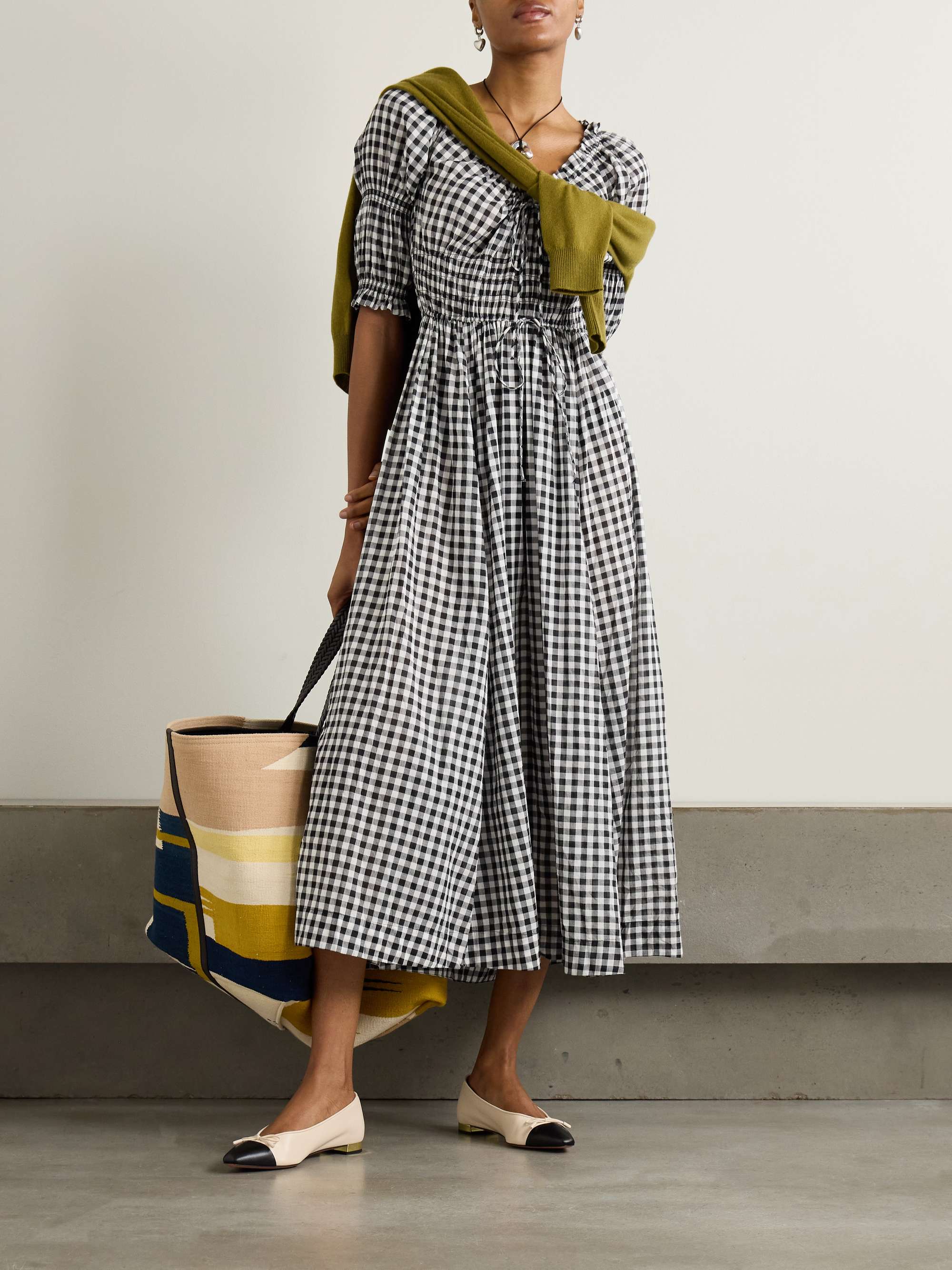 Ischia Shirred Gingham Cotton-Voile Midi Dress