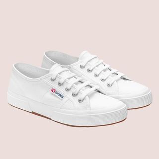 Flat lay image of white trainers 