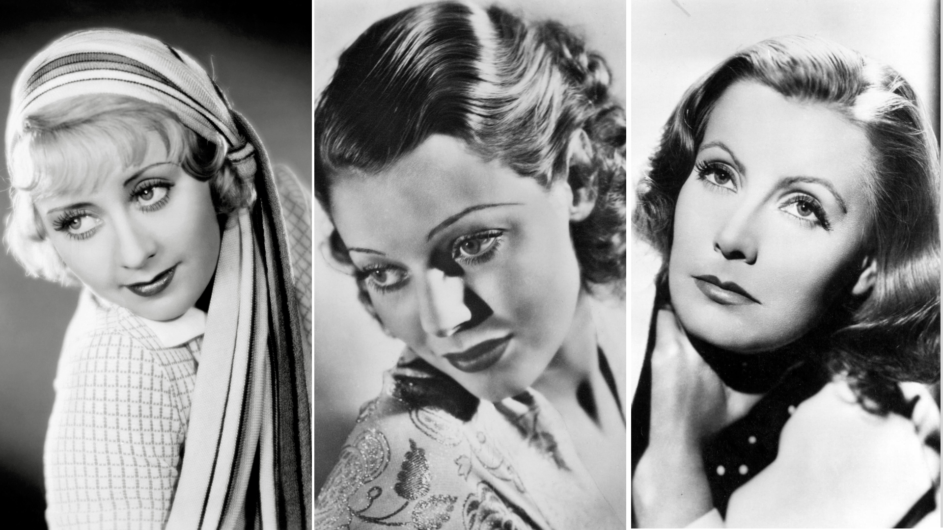 collage of Joan Blondell, Loretta Young, and Greta Garbo