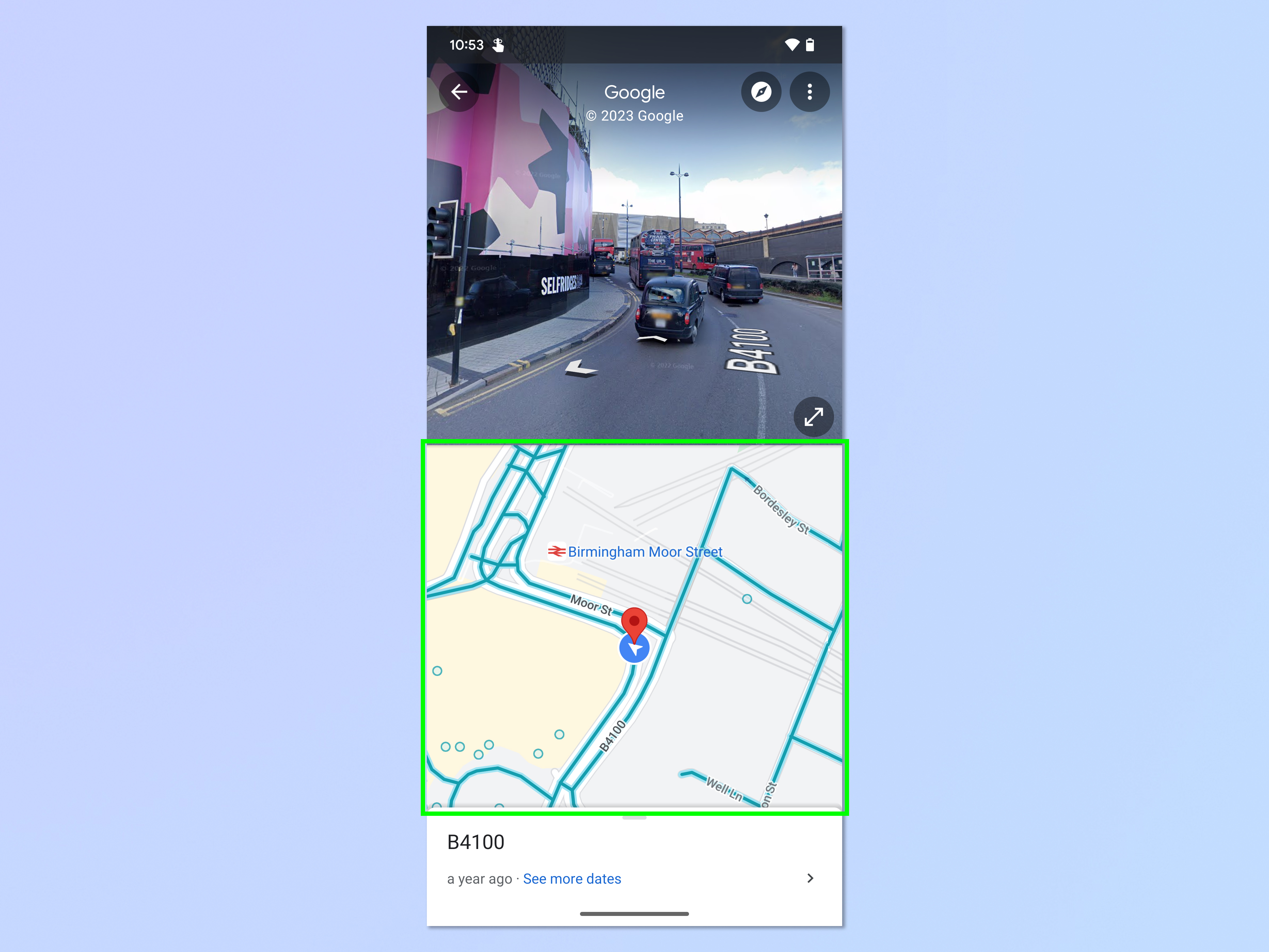 Una captura de pantalla que muestra cómo usar Google Maps Street View en Android