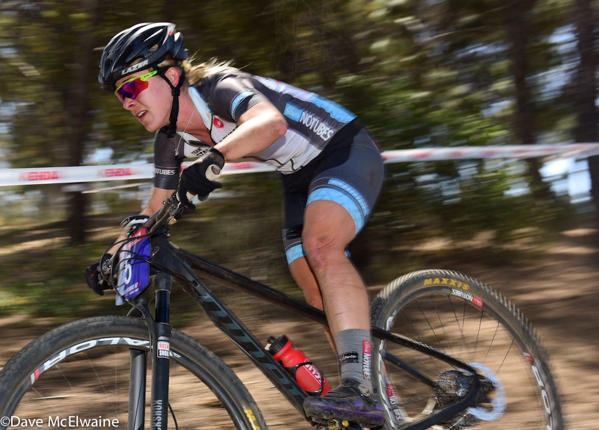 Chloe Woodruff (NoTubes Niner) riding in fourth place on lap two