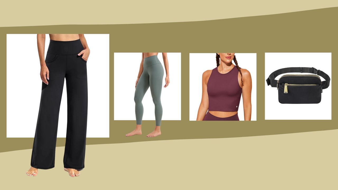 A selection of Lululemon alternatives at Amazon, including wide-leg trousers, workout leggings, a cropped tank top, and bag