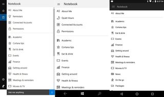Cortana's Notebook on PC (left), Windows 10 Mobile (middle), Android (right)