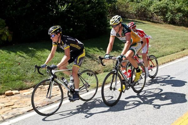 Ben King (Trek-Livestrong), Scott Zwizanski (Kelly Benefits) and Daniel Holloway (Bissell) on their first lap up Paris Mountain.