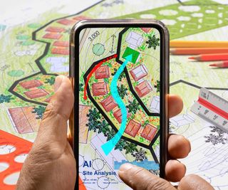 Hands hold a smartphone showing a colored pencil landscaping illustration. The phone screen says AI Site Analysis