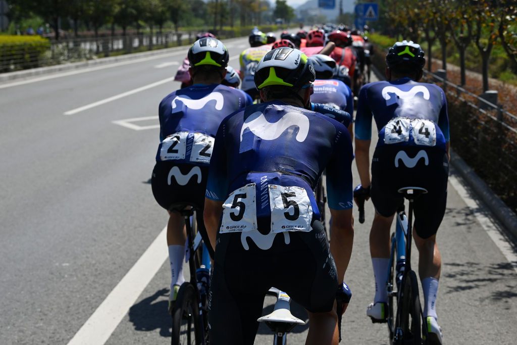 GUILIN CHINA OCTOBER 17 Detailed view of Juri Hollmann of Germany Max Kanter of Germany and Matteo Jorgenson of The United States and Movistar Team compete during the 4th GreeTour of Guangxi 2023 Stage 6 a 1683km stage from Guilin to Guilin UCIWT on October 17 2023 in Guilin China Photo by Tim de WaeleGetty Images