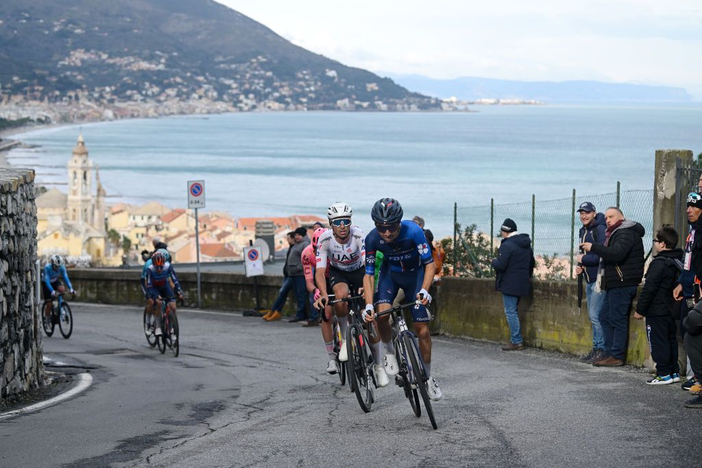 LAIGUEGLIA ITALY FEBRUARY 28 LR Davide De Pretto of Italy and Team Jayco AlUla Darren Rafferty of Ireland and Team Ef Education Easypost Jan Christen of Switzerland and Team UAE Emirates and Lenny Martinez of France and Team GroupamaFDJ compete in the breakaway during the 61st Trofeo Laigueglia 2024 a 202km one day race from Laiguegli to Laigueglia on February 28 2024 in Laigueglia Italy Photo by Dario BelingheriGetty Images