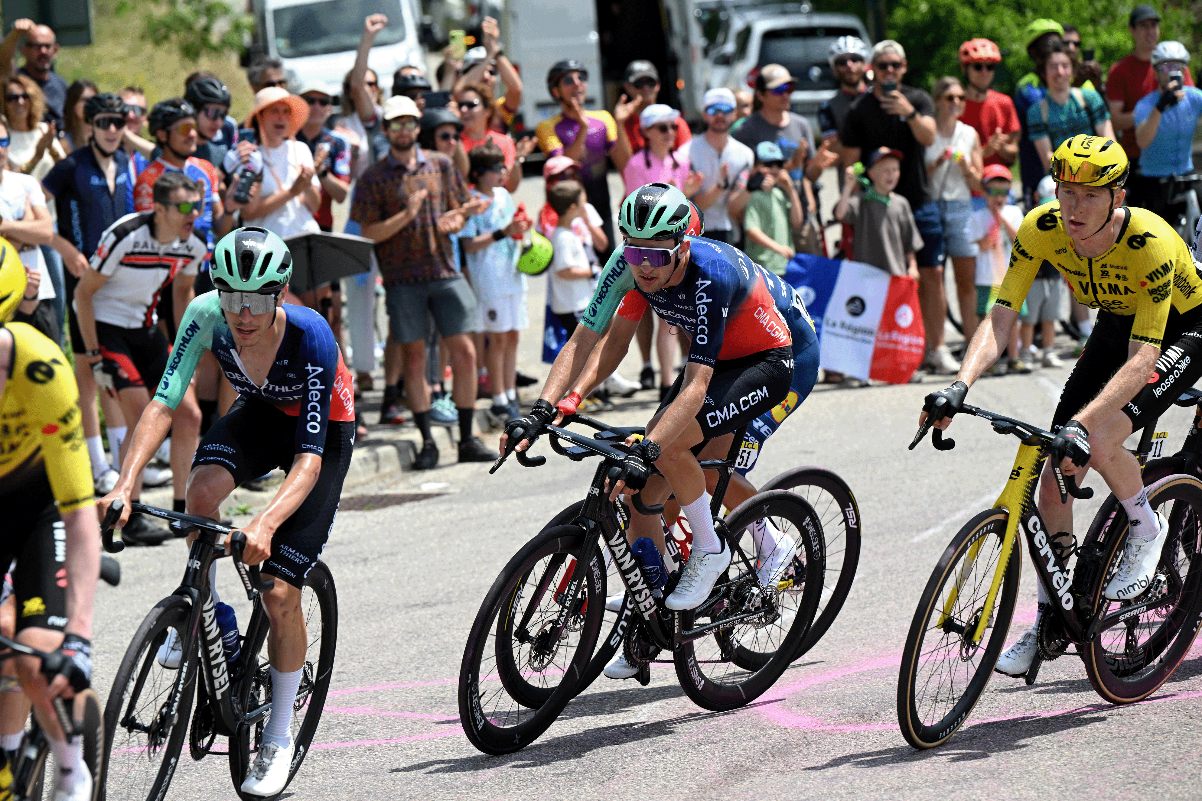 SAINT-ISMIER, FRANCE - JUNE 07: Paul Seixas of France and Team Decathlon CMA CGM (C) competes during the 78th Tour Auvergne-Rhone-Alpes 2026, Stage 1 a 146.2km stage from Vizille to Saint-Ismier / #UCIWT / on June 07, 2026 in Saint-Ismier, France. (Photo by Dario Belingheri/Getty Images)