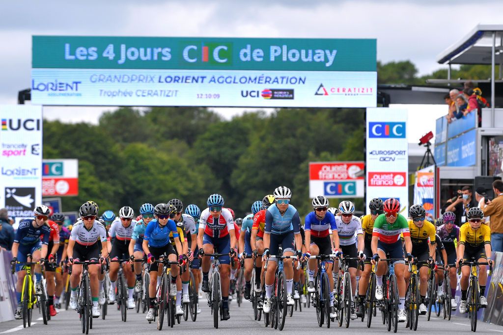 PLOUAY FRANCE AUGUST 30 A general view of the peloton prior to the 20th GP de Plouay Lorient Agglomration Trophe Ceratizit 2021 a 1504km one day race from Plouay to Plouay GrandPrixPlouay OuestFrance on August 30 2021 in Plouay France Photo by Luc ClaessenGetty Images
