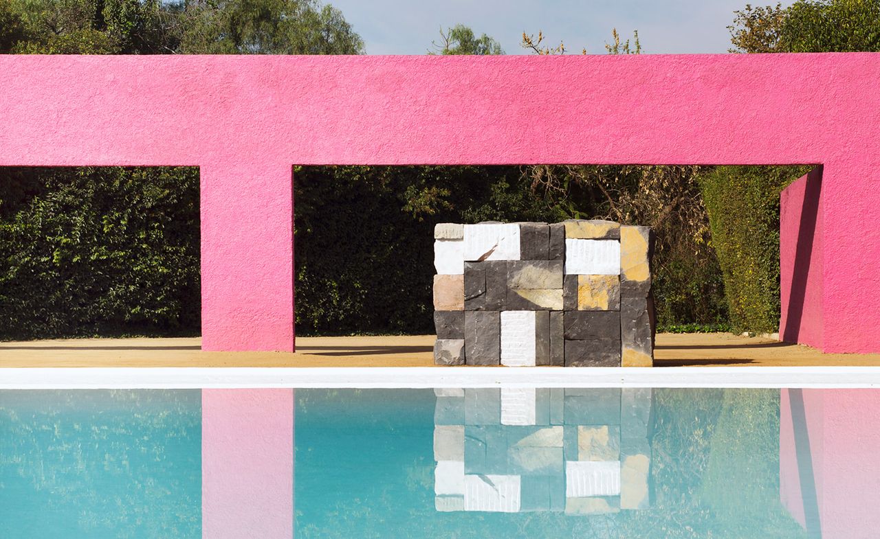 Sean Scully stone sculpture overlooking the pool at Luis Barragán’s Cuadra San Cristóbal estate