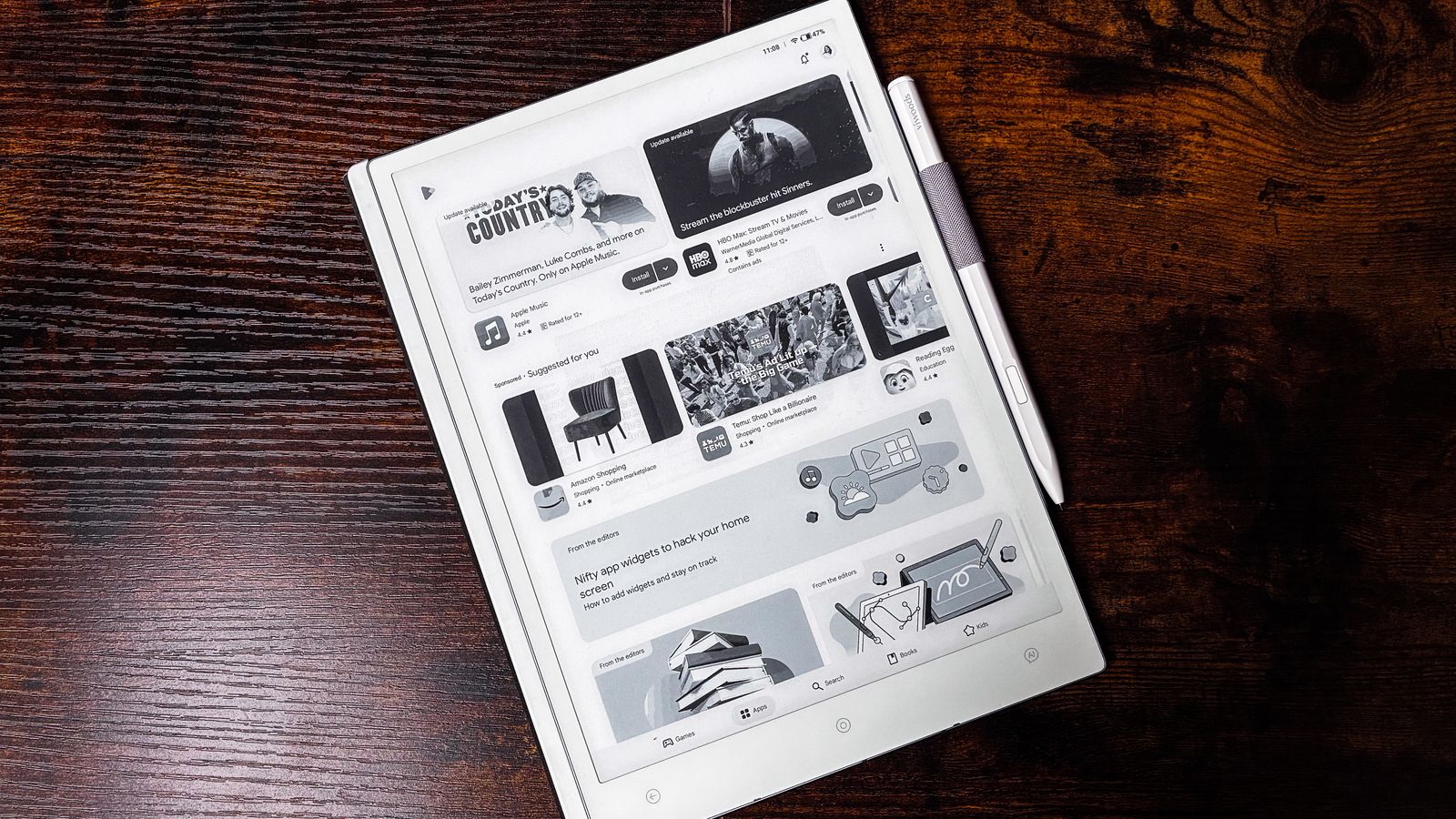 The Google Play Store homepage on the ViWoods AiPaper