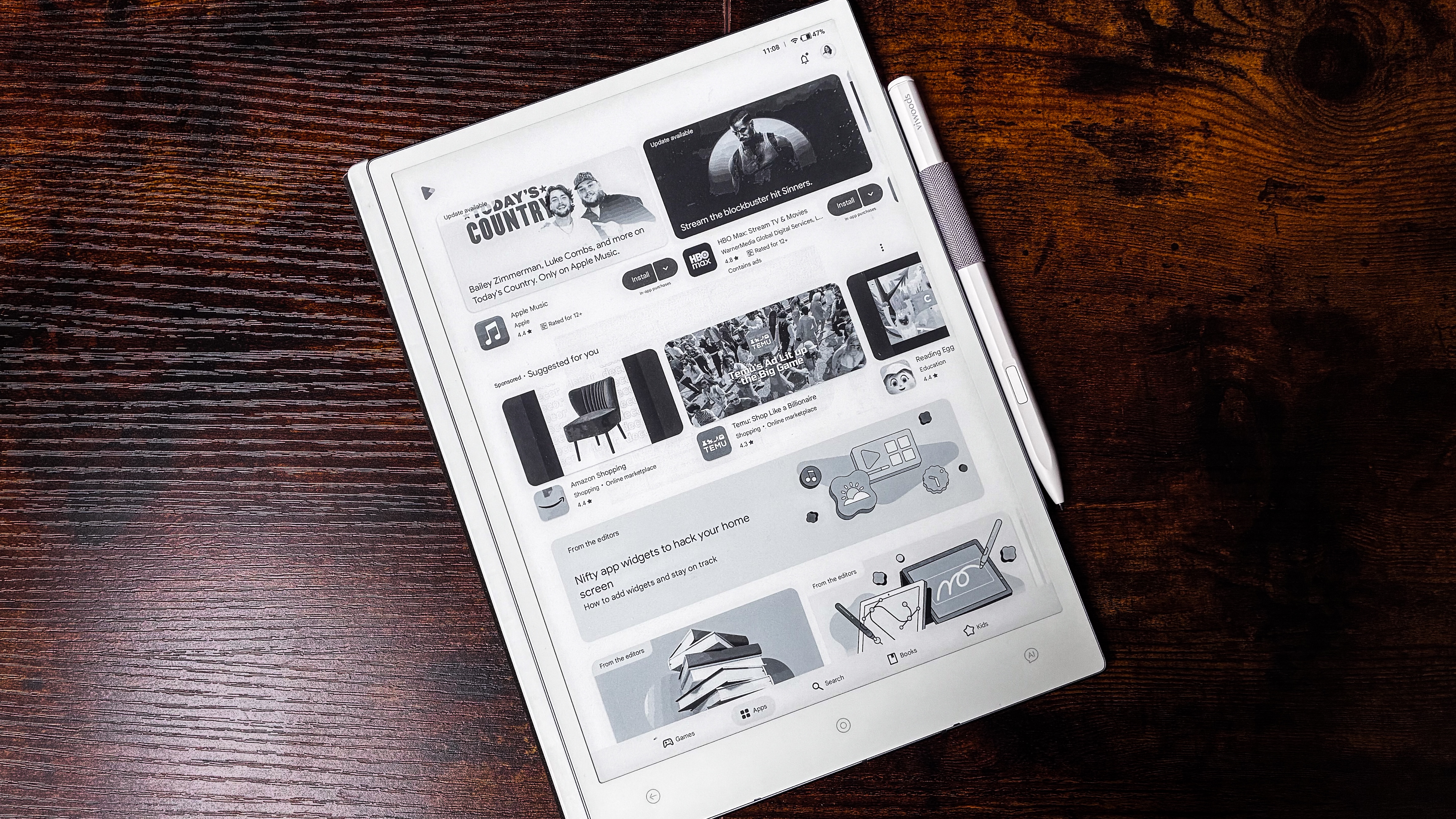 The Google Play Store homepage on the ViWoods AiPaper