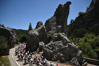 TOPSHOT The pack of riders cycles during the sixth stage of the 74th edition of the Criterium du Dauphine cycling race 1965 km between Rives and Gap central eastern France on June 10 2022 Photo by Marco BERTORELLO AFP Photo by MARCO BERTORELLOAFP via Getty Images
