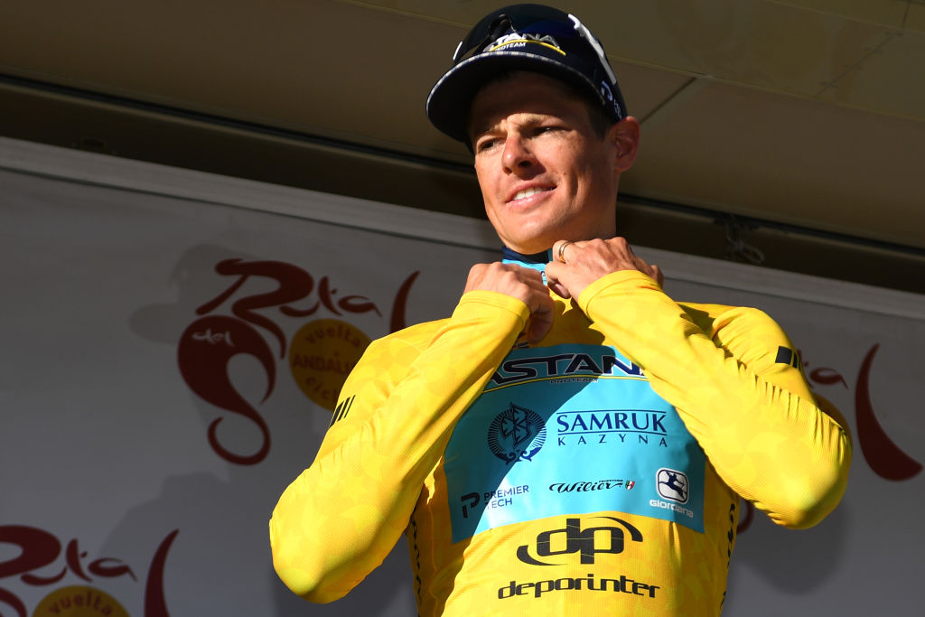 BEDA SPAIN FEBRUARY 21 Podium Jakob Fuglsang of Denmark and Astana Pro Team Yellow Leader Jersey Celebration during the 66th Vuelta a Andaluca Ruta del Sol 2020 Stage 3 a 1769km stage from Jan to beda 727m VCANDALUCIA UCIProSeries on February 21 2020 in beda Spain Photo by David RamosGetty Images