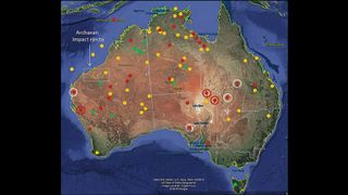 This map shows the distribution of circular structures of uncertain, possible or probable impact origin on the Australian continent and offshore. Green dots represent confirmed impact craters. Red dots represent confirmed impact structures that are more than 100km wide, whereas red dots inside white circles are more than 50km wide. Yellow dots represent likely impact structures.