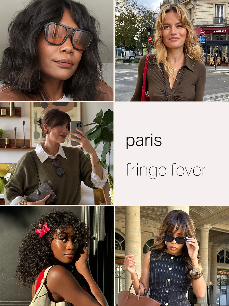 Cinco mujeres en París, todas con peinados elegantes y flequillos vaporosos.