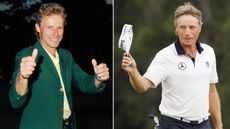 Bernhard Langer poses with the Green Jacket and waves on the green