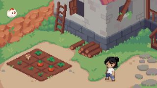Grave Seasons - a character stands in a cute pixellated world near a small patch of crops and a chicken