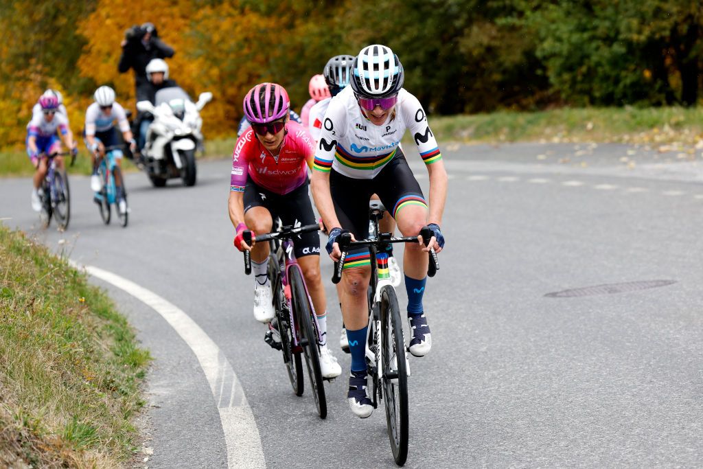 THYON SWITZERLAND OCTOBER 08 LR Ashleigh Moolman Pasio of South Africa and Team SD Worx and Annemiek Van Vleuten of Netherlands and Movistar Team Women compete during the 1st Tour de Romandie Feminin 2022 Stage 2 a 1045km stage from Sion to Thyon 2089m TDRwomen TDRF on October 08 2022 in Thyon Switzerland Photo by Bas CzerwinskiGetty Images