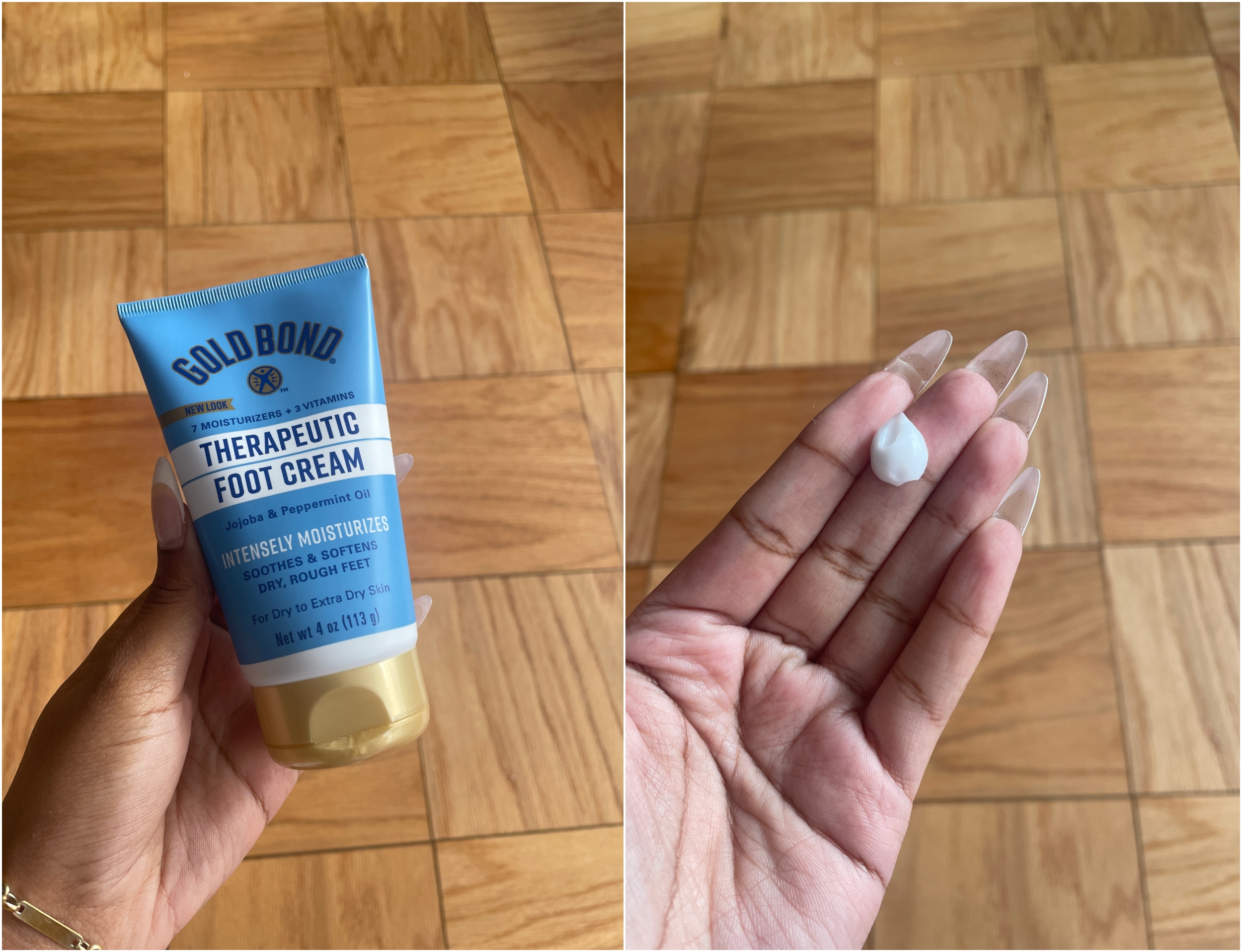 a side by side image of a gold bond foot cream next to a small blue tube