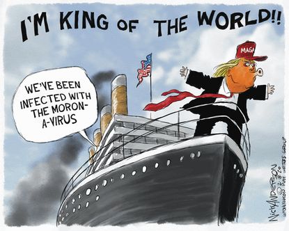 Political Cartoon U.S. Trump sailing MAGA Coronavirus China