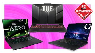 Three sub $1,500 gaming laptops on a pink background, with the PC Gamer recommended badge in the top right corner