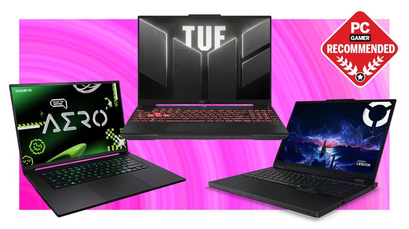 Three sub $1,500 gaming laptops on a pink background, with the PC Gamer recommended badge in the top right corner