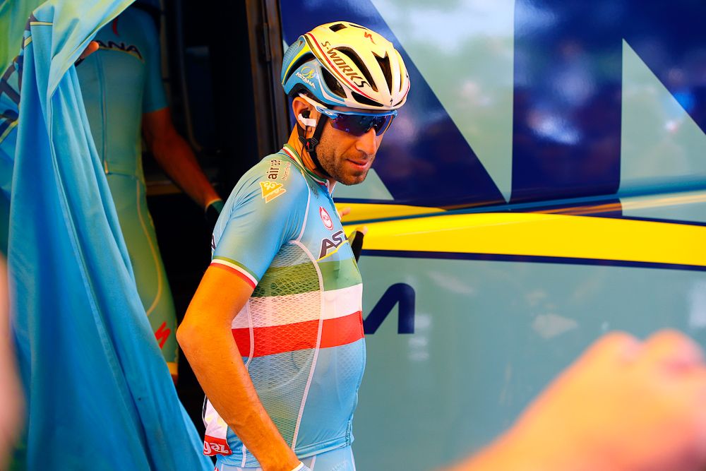 Vincenzo Nibali steps off the Astana bus.
