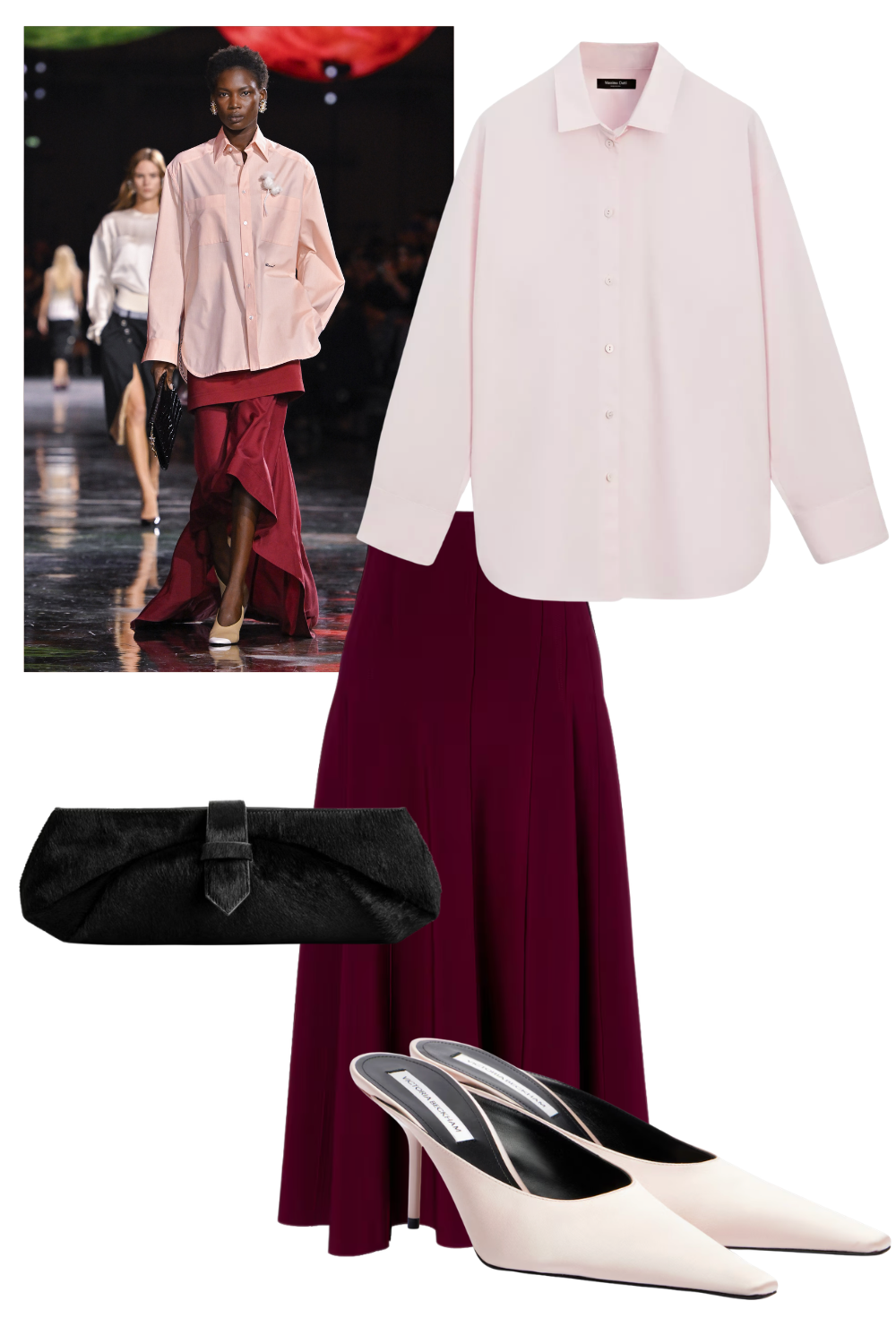 Chanel ss26 runway pink shirt deep red skirt