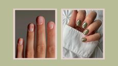 On the left, a close up of a hand with short nails and a floral manicure/ alongside a close up of a hand with green chrome short nails by nail artists Mateja Novakovic (@matejanova) and @gel.bymegan/ in sage green and pink template