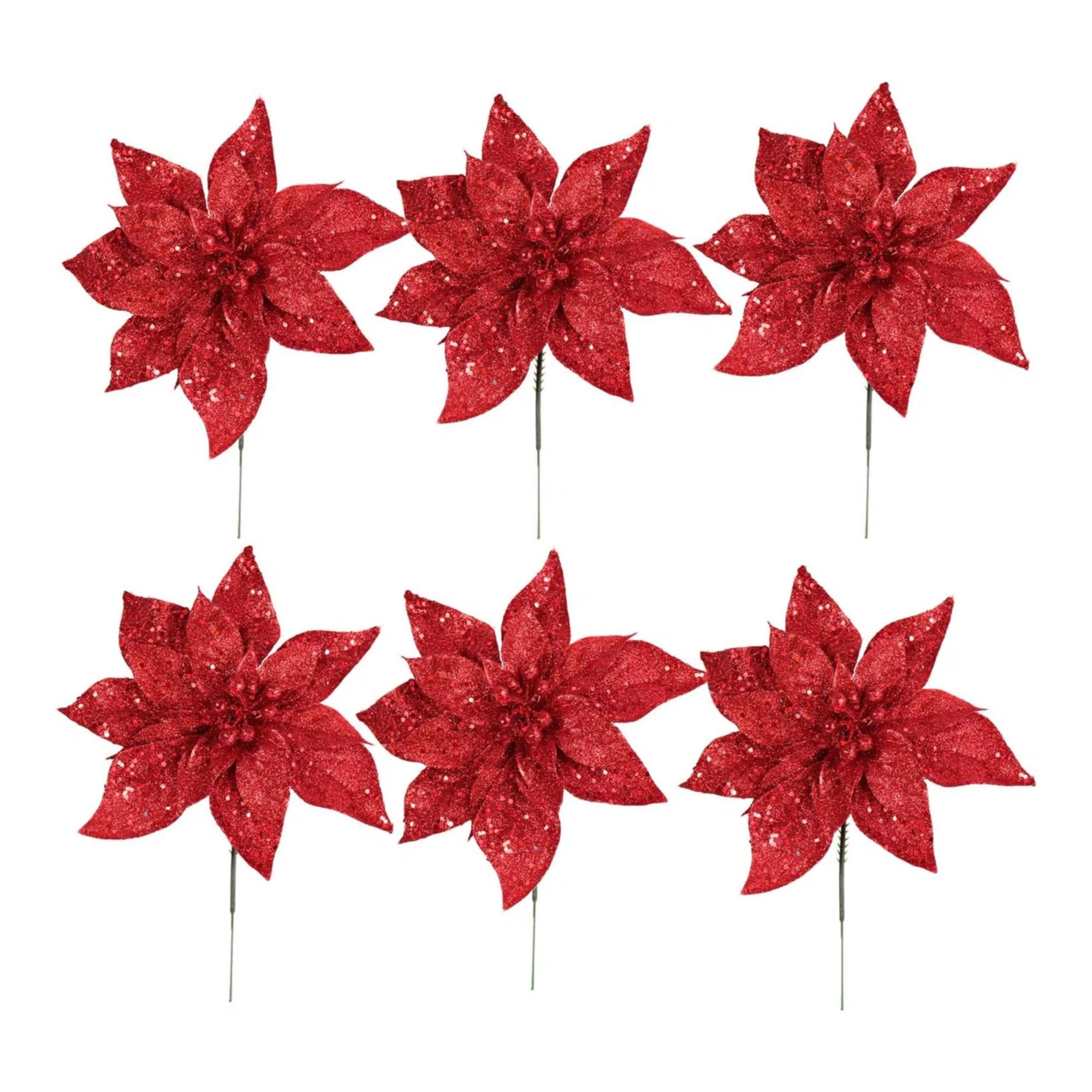 Set of 6 red poinsettia picks with glitter finish