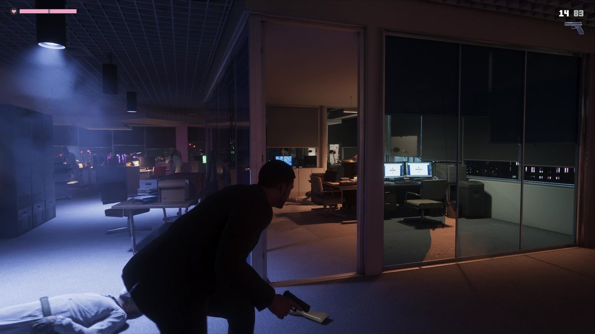 In a firefight in a dark office, Jason crouch walks, from the GTA 6 extended look