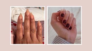 On the left, a close up of Aleesha Badkar's almond-shaped nude BIAB nails alongside a picture of Naomi Jamieson's squoval burgundy BIAB nails/ in a pale pink template