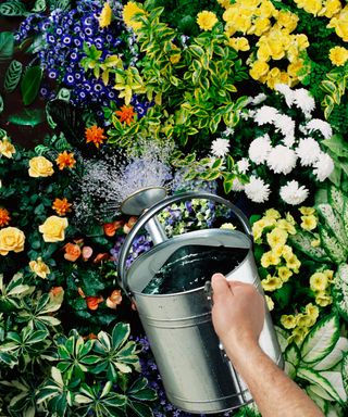 Man watering plants in garden