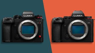 Panasonic Lumix S1R II alongside Panasonic Lumix S5 II on a split green / orange background