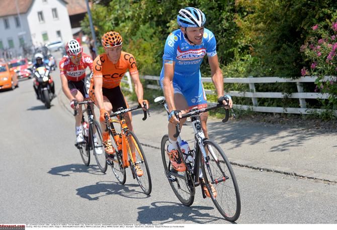 The breakaway on stage 5: Frederik Veuchelen, Jaroslaw Marycz (CCC Polsat) and Sander Arm&eacute;e (Lotto Belisol)