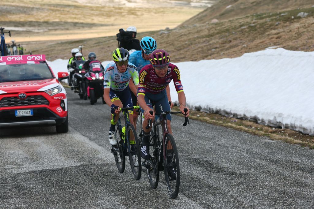Breakaway riders From L Intermarche Circus Wantys Italian rider Simone Petilli EOLOKometas Italian rider Davide Bais and Team Corratec Selle Italias Czech rider Karel Vacek cycle in the final ascent to Calascio in the Apennine mountains during the seventh stage of the Giro dItalia 2023 cycling race 218 km between Capua and Gran Sasso dItalia on May 12 2023 Photo by Luca Bettini AFP Photo by LUCA BETTINIAFP via Getty Images