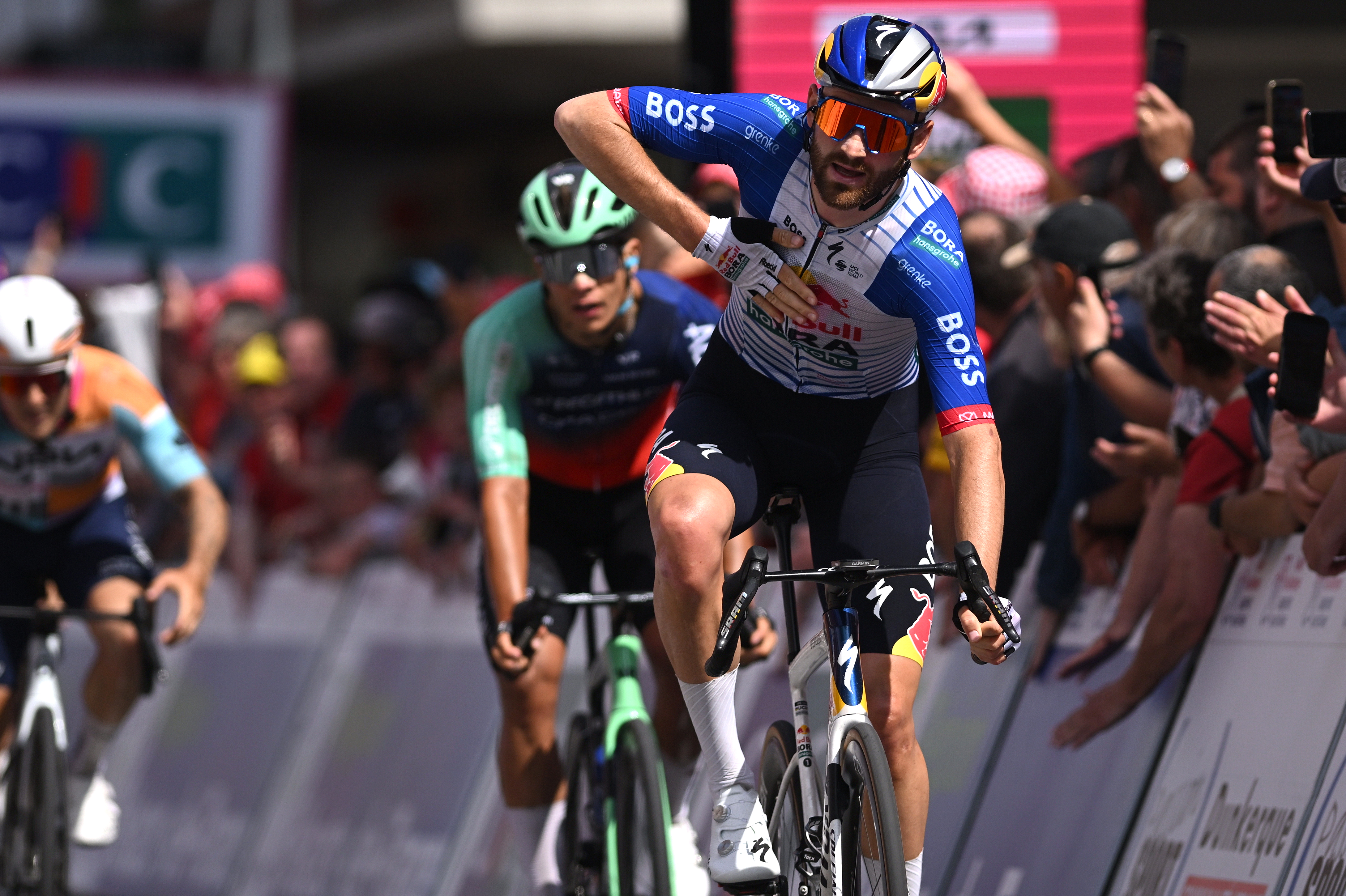 DUNKIRK, FRANCE - MAY 24: Jordi Meeus of Belgium and Team Red Bull - BORA - hansgrohe celebrates at finish line as stage winner during the 70th 4 Jours de Dunkerque 2026, Stage 5 a 181.3km stage from Saint-Omer to Dunkirk on May 24, 2026 in Dunkirk, France. (Photo by Luc Claessen/Getty Images)