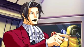 Ace Attorney Investigations Collection screenshot showing Miles Edgeworth, a man with lengthy graying hair, a ruffle white shirt, and red suit jacket